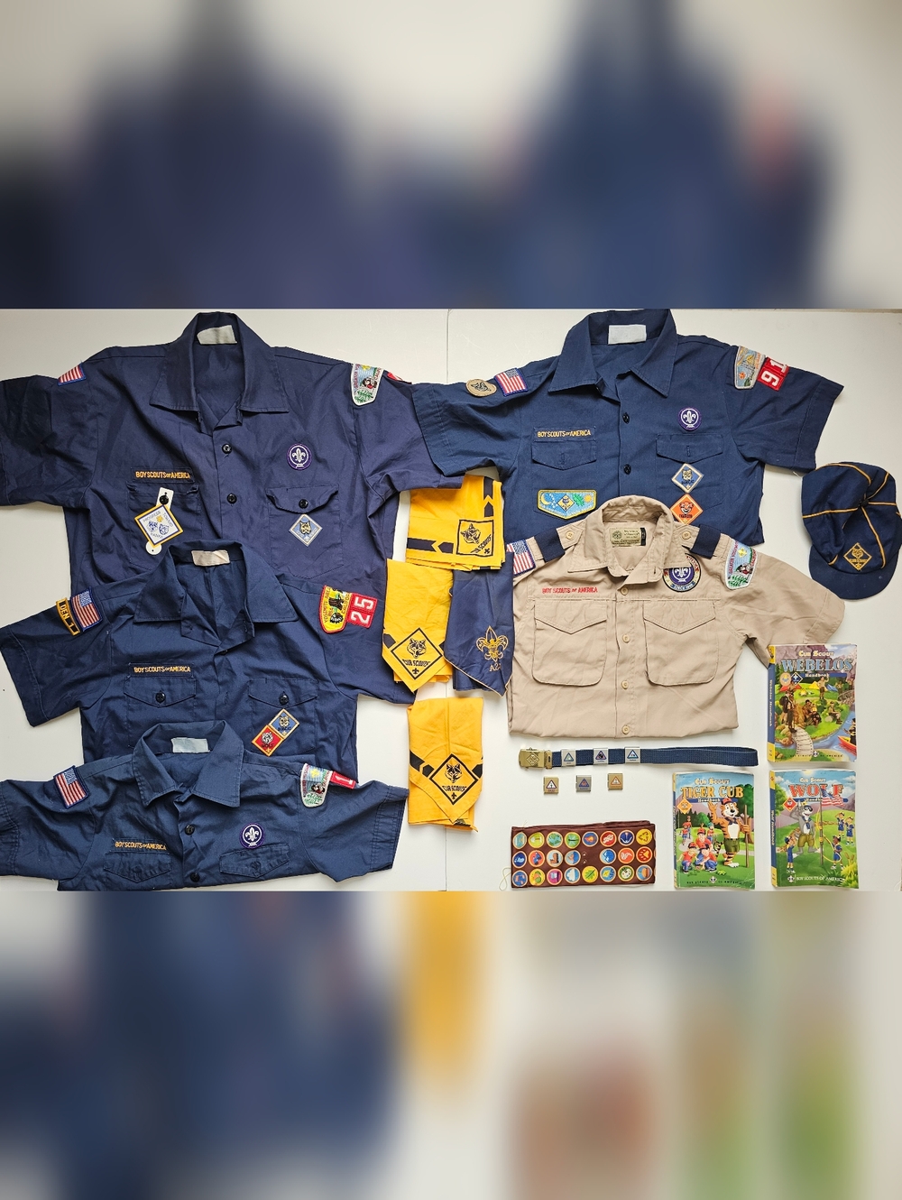 Huge Vintage Boy Scout Lot (5 Shirts w/ Patches, Books, Belt, Cap, Hankys, More)
